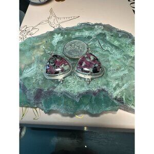 Triangular Sterling Silver Dangle Earrings With Colorful Gemstone Inlay